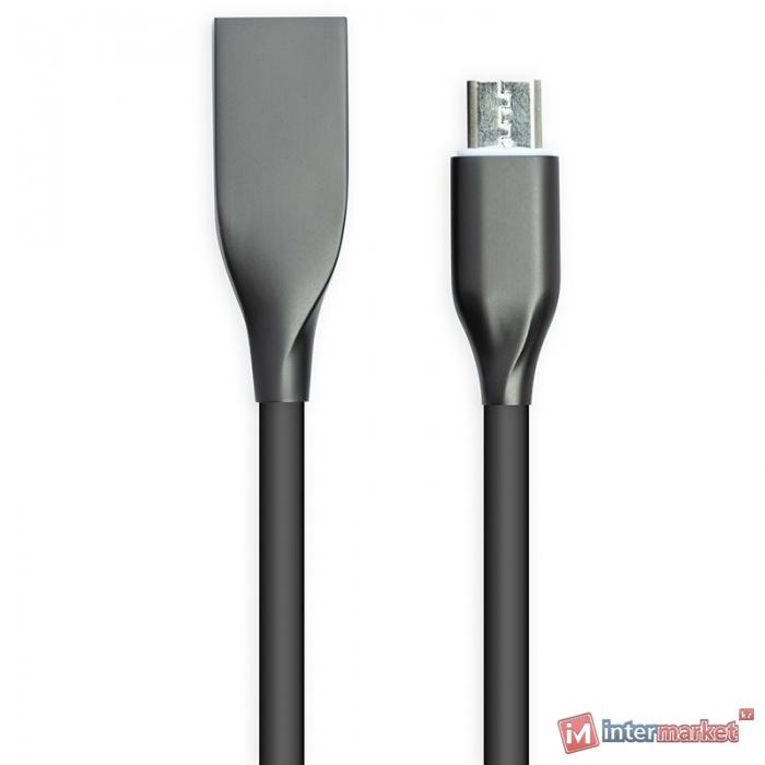 Кабель PowerPlant USB - microUSB, 1м, силикон, черный